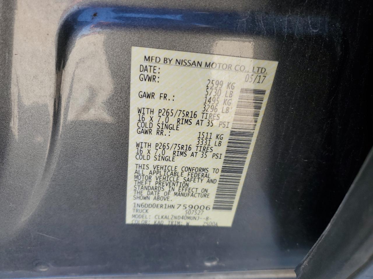 1N6DD0ER1HN759006 NISSAN FRONTIER 2017
