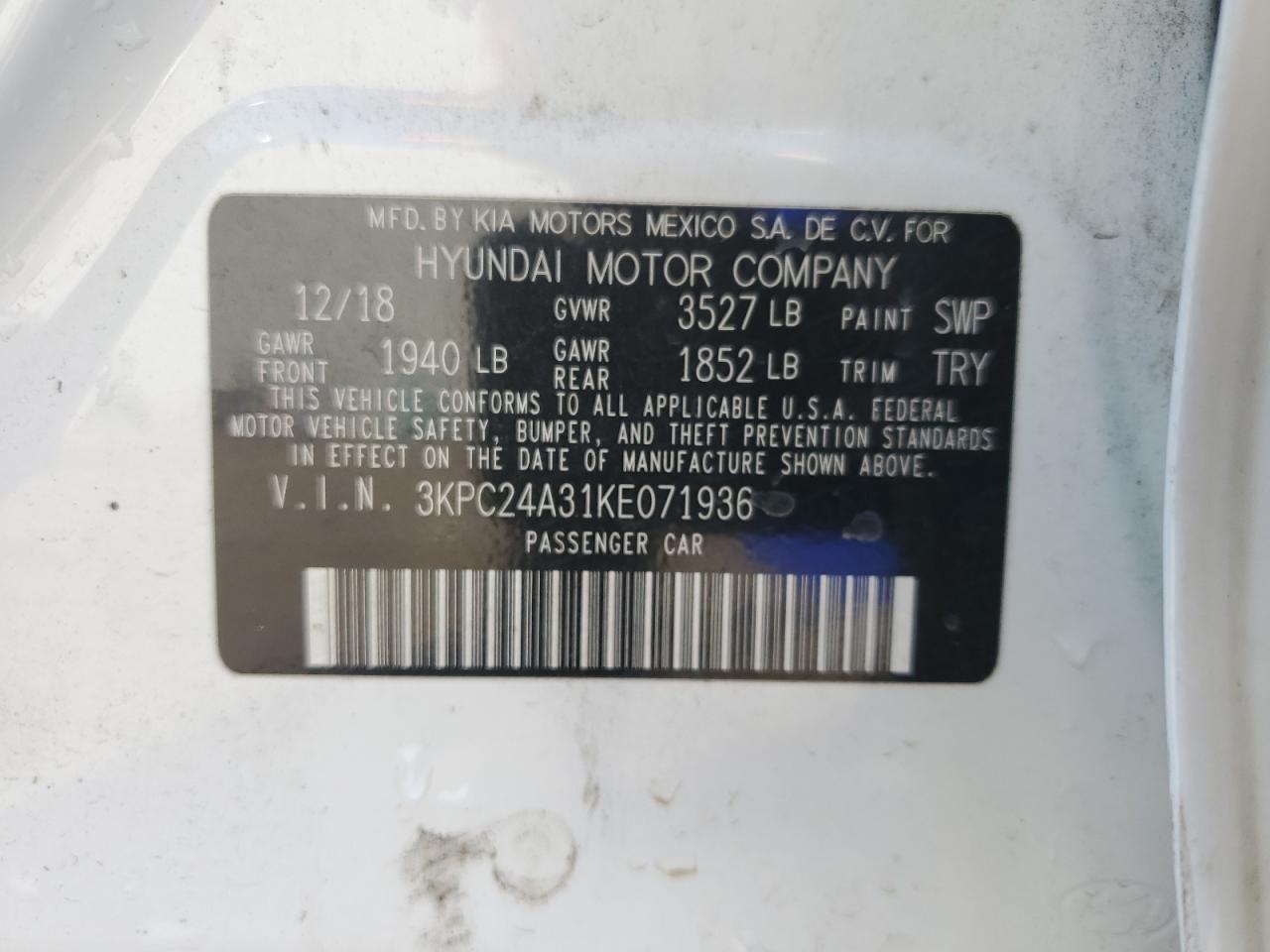 2019 Hyundai Accent Se VIN: 3KPC24A31KE071936 Lot: 43741605