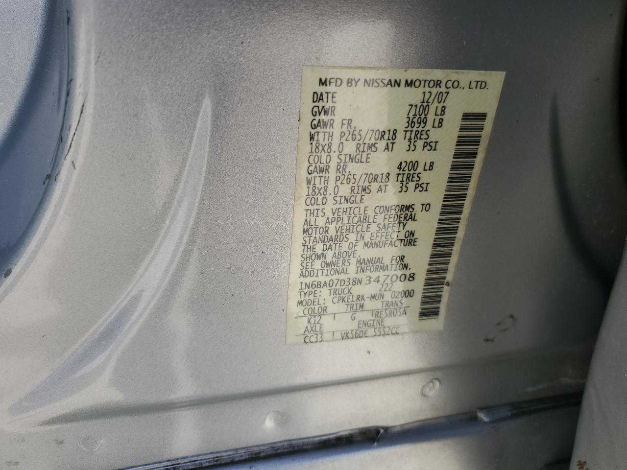 2008 Nissan Titan Xe VIN: 1N6BA07D38N347008 Lot: 45123825