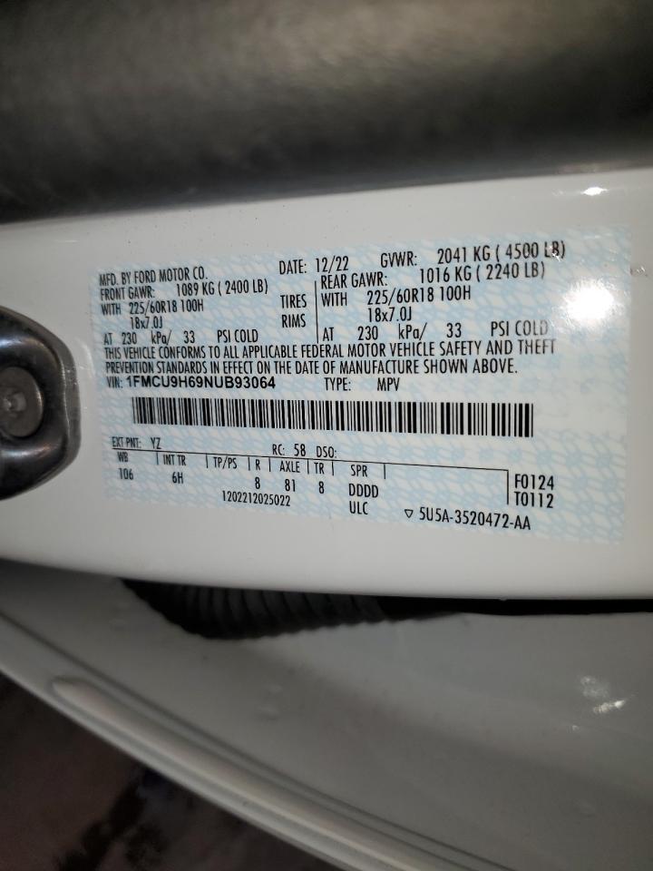 2022 Ford Escape Sel VIN: 1FMCU9H69NUB93064 Lot: 89410785