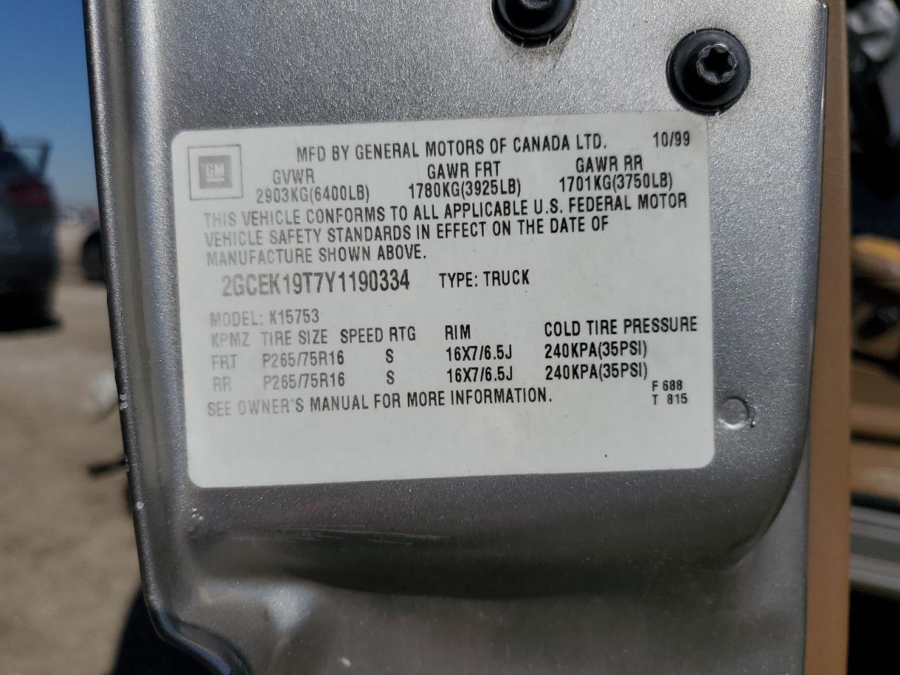 2000 Chevrolet Silverado K1500 VIN: 2GCEK19T7Y1190334 Lot: 63874765