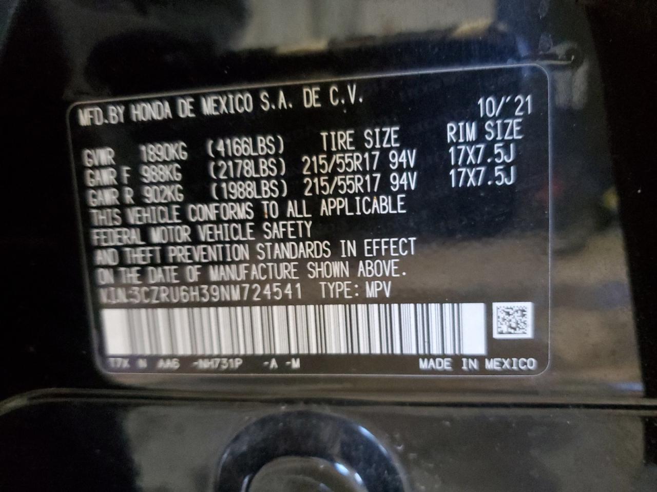 3CZRU6H39NM724541 HONDA HR-V 2022