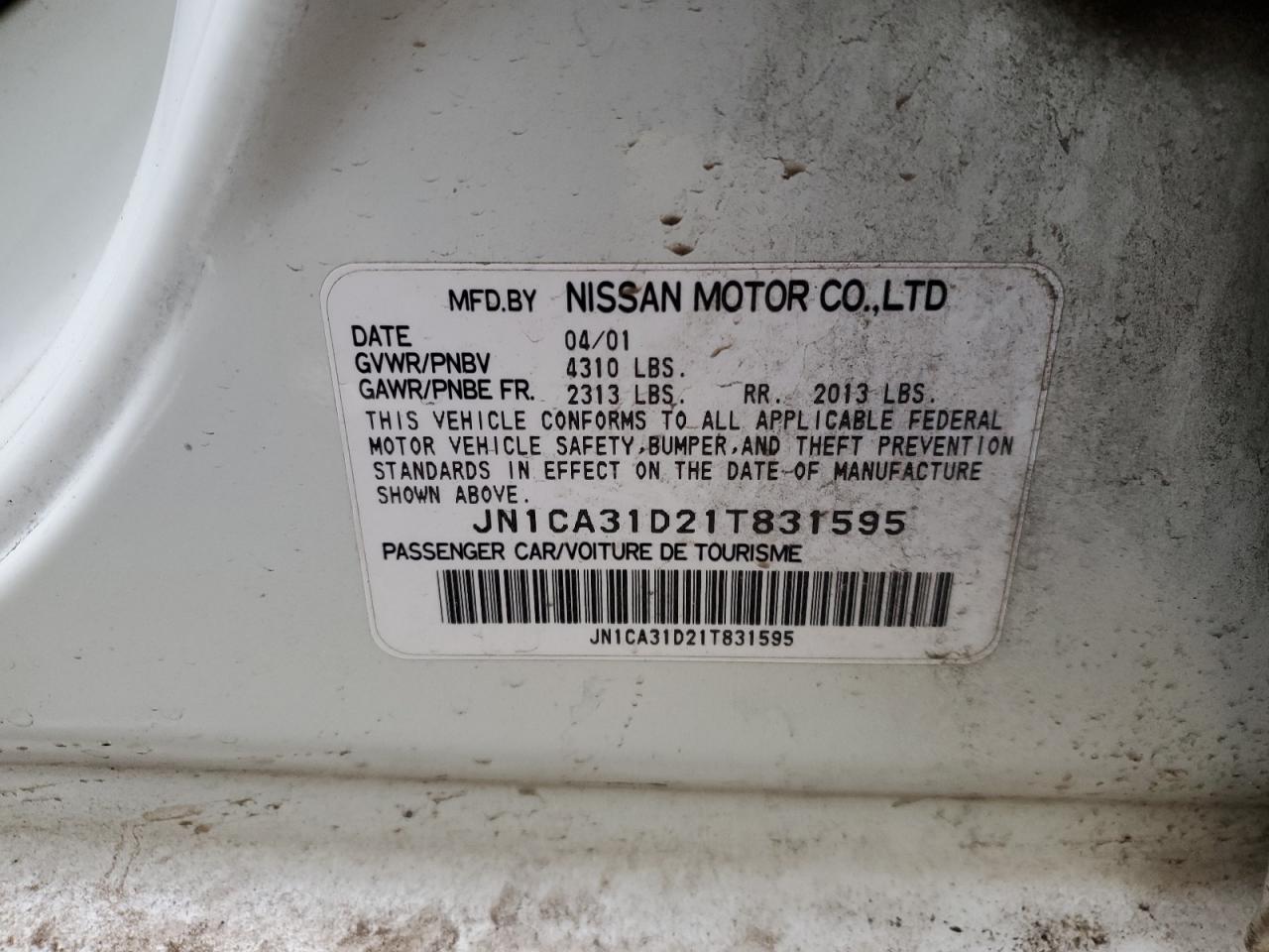 2001 Nissan Maxima Gxe VIN: JN1CA31D21T831595 Lot: 45654925