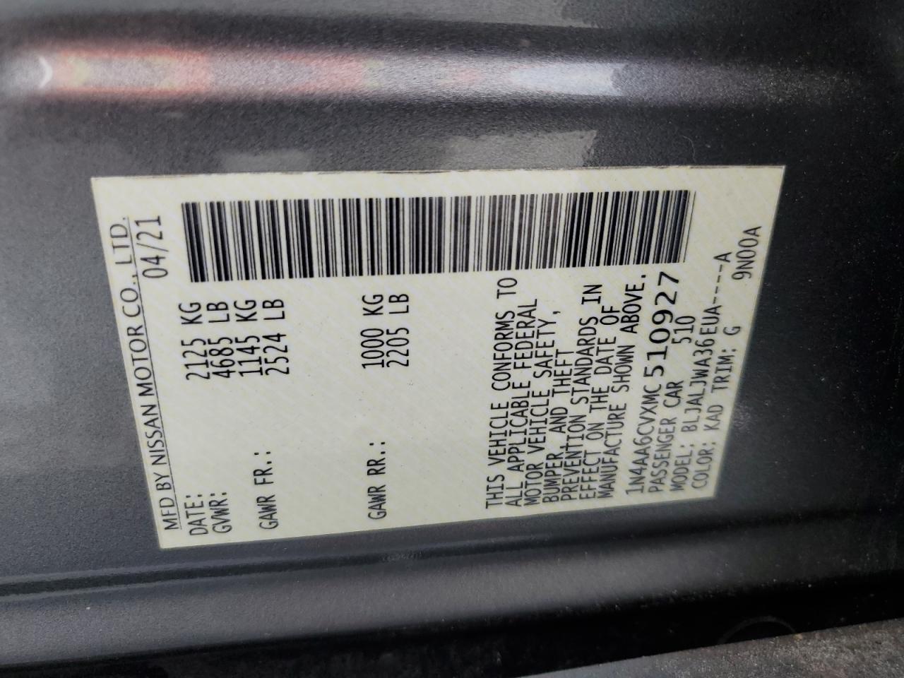 2021 Nissan Maxima Sv VIN: 1N4AA6CVXMC510927 Lot: 45218255