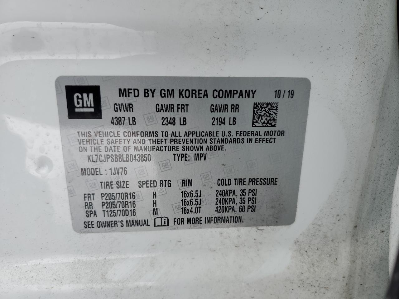 2020 Chevrolet Trax 1Lt VIN: KL7CJPSB8LB043850 Lot: 45552715