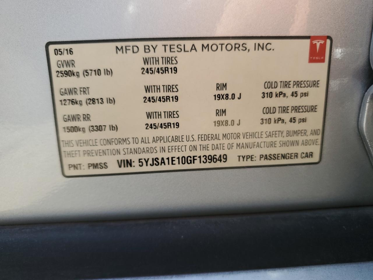 2016 Tesla Model S VIN: 5YJSA1E10GF139649 Lot: 44469815