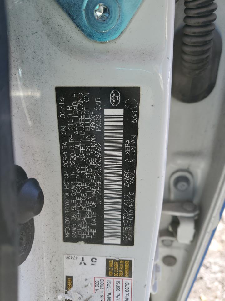 2016 Toyota Prius VIN: JTDKBRFU4G3508692 Lot: 46131475