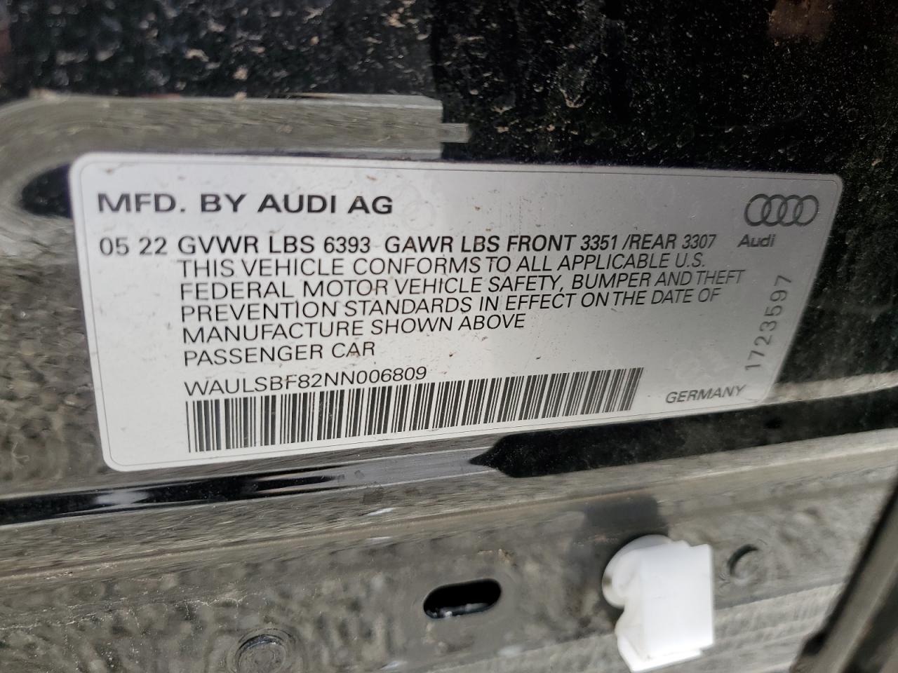 2022 Audi S8 VIN: WAULSBF82NN006809 Lot: 47490385