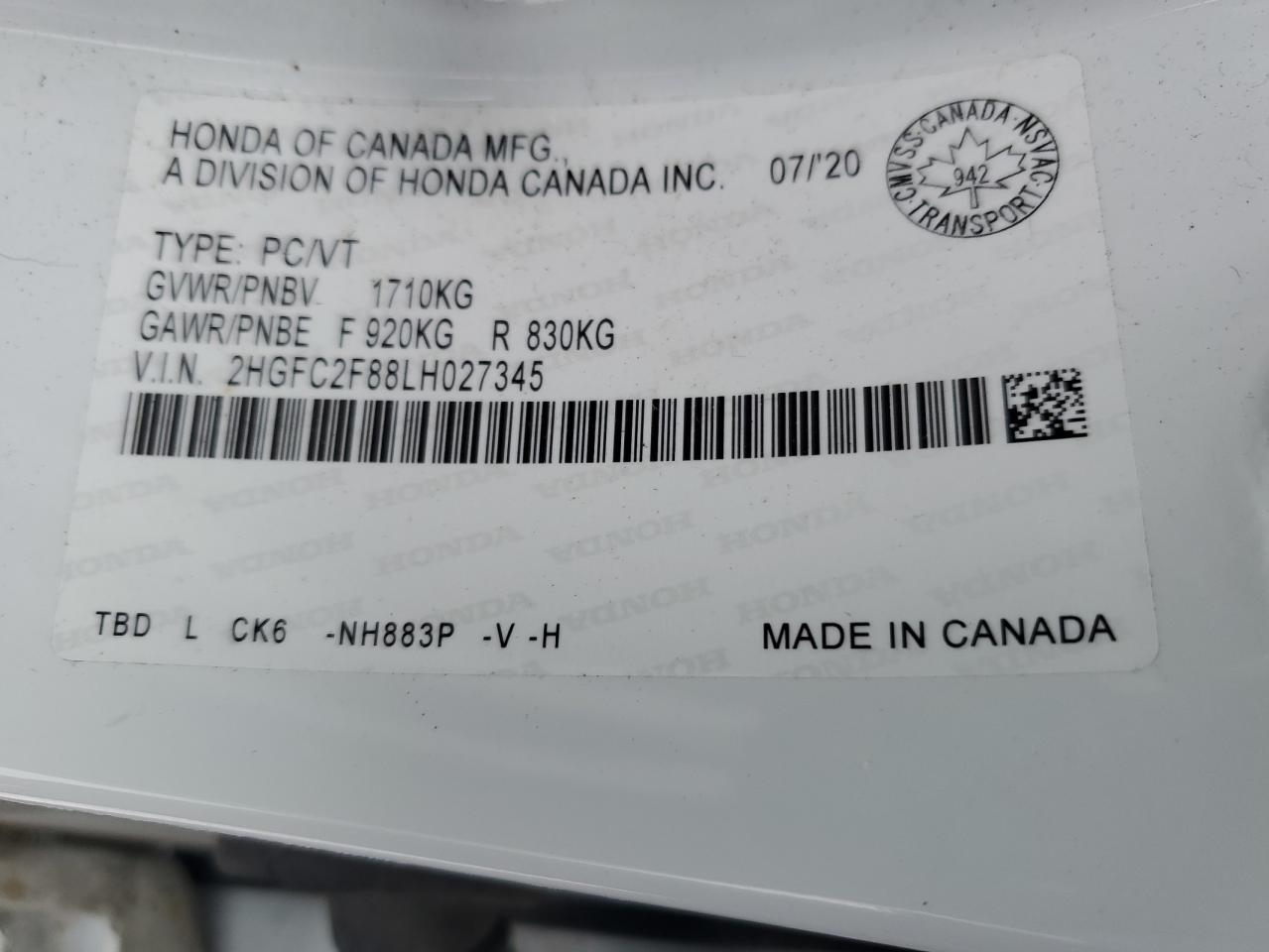 2HGFC2F88LH027345 HONDA CIVIC 2020