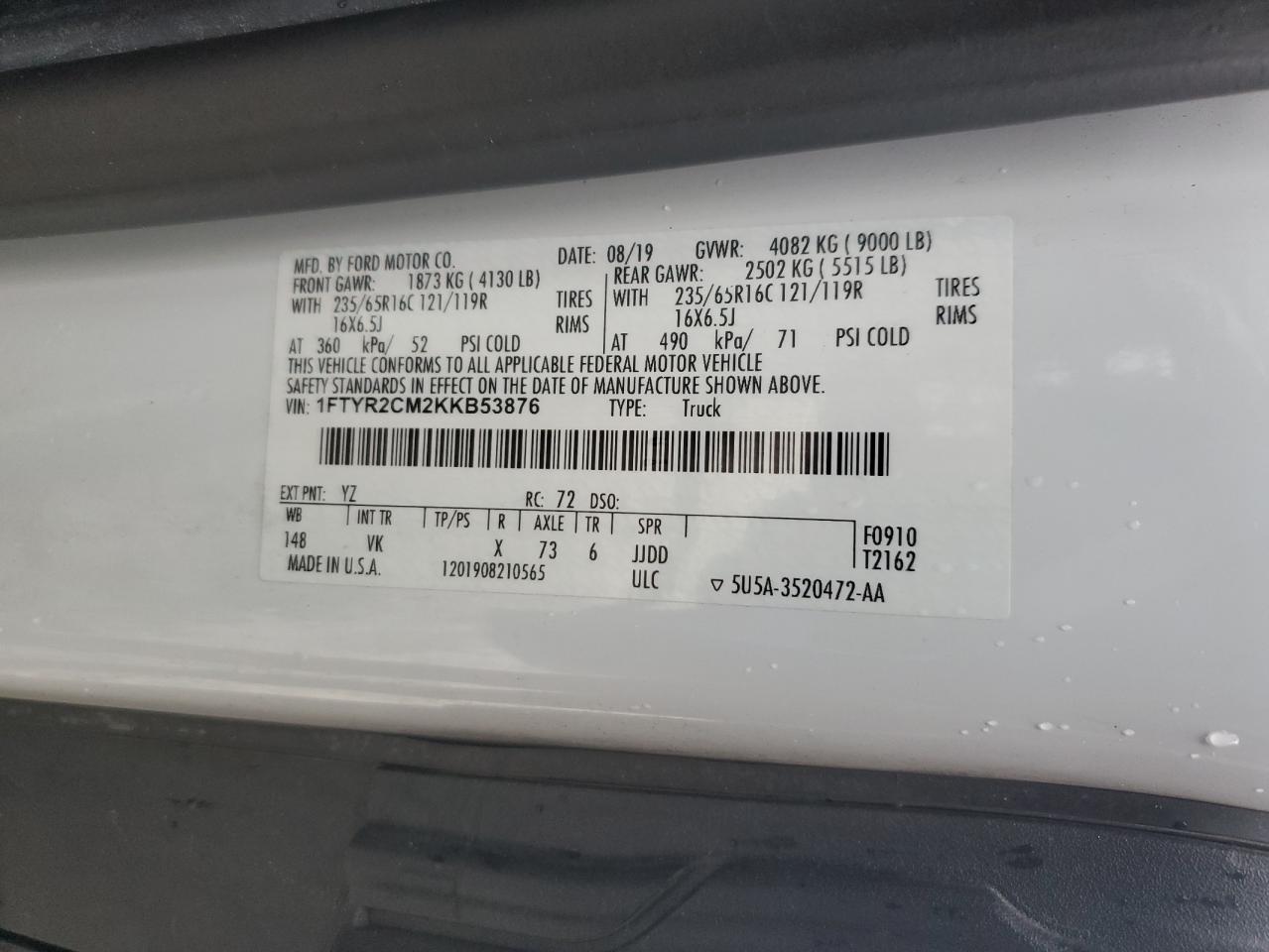 2019 Ford Transit T-250 VIN: 1FTYR2CM2KKB53876 Lot: 44812425