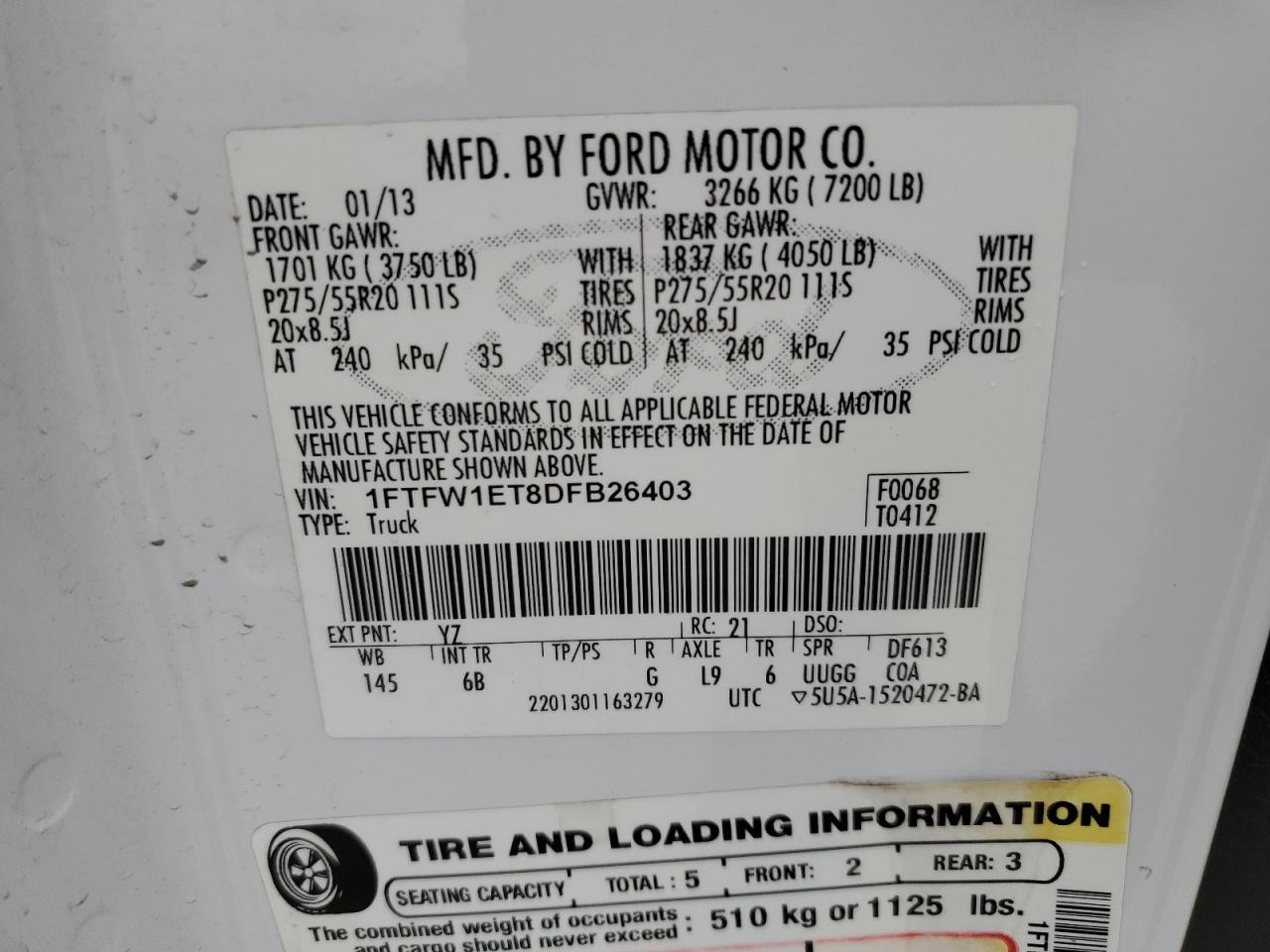 2013 Ford F150 Supercrew VIN: 1FTFW1ET8DFB26403 Lot: 45789765