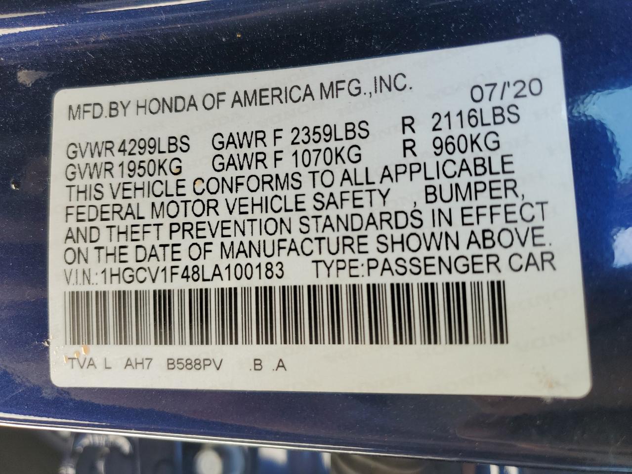 1HGCV1F48LA100183 HONDA ACCORD 2020