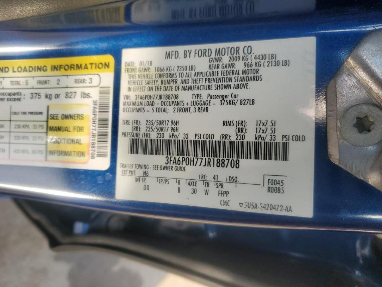 3FA6P0H77JR188708 FORD FUSION 2018
