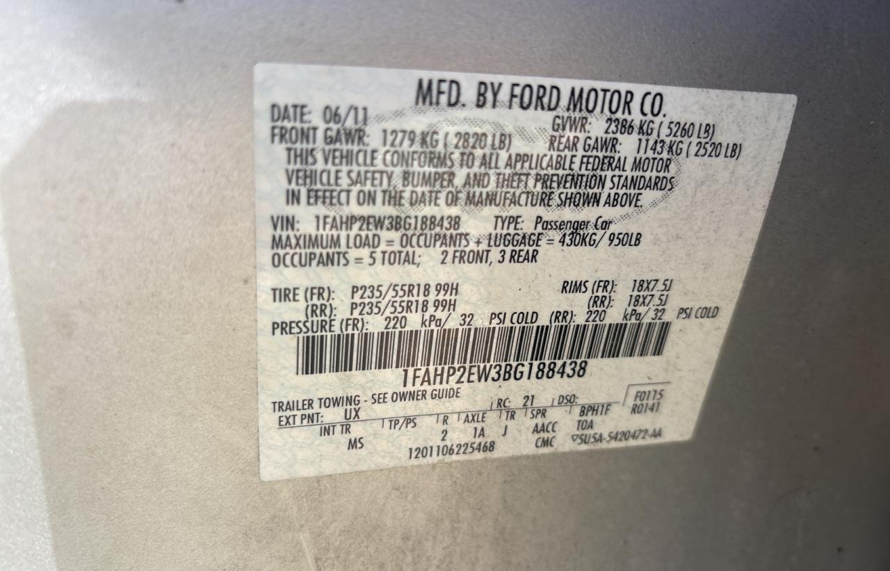 2011 Ford Taurus Sel VIN: 1FAHP2EW3BG188438 Lot: 43973075