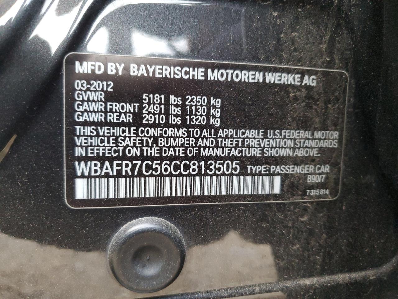 2012 BMW 535 I VIN: WBAFR7C56CC813505 Lot: 46502815