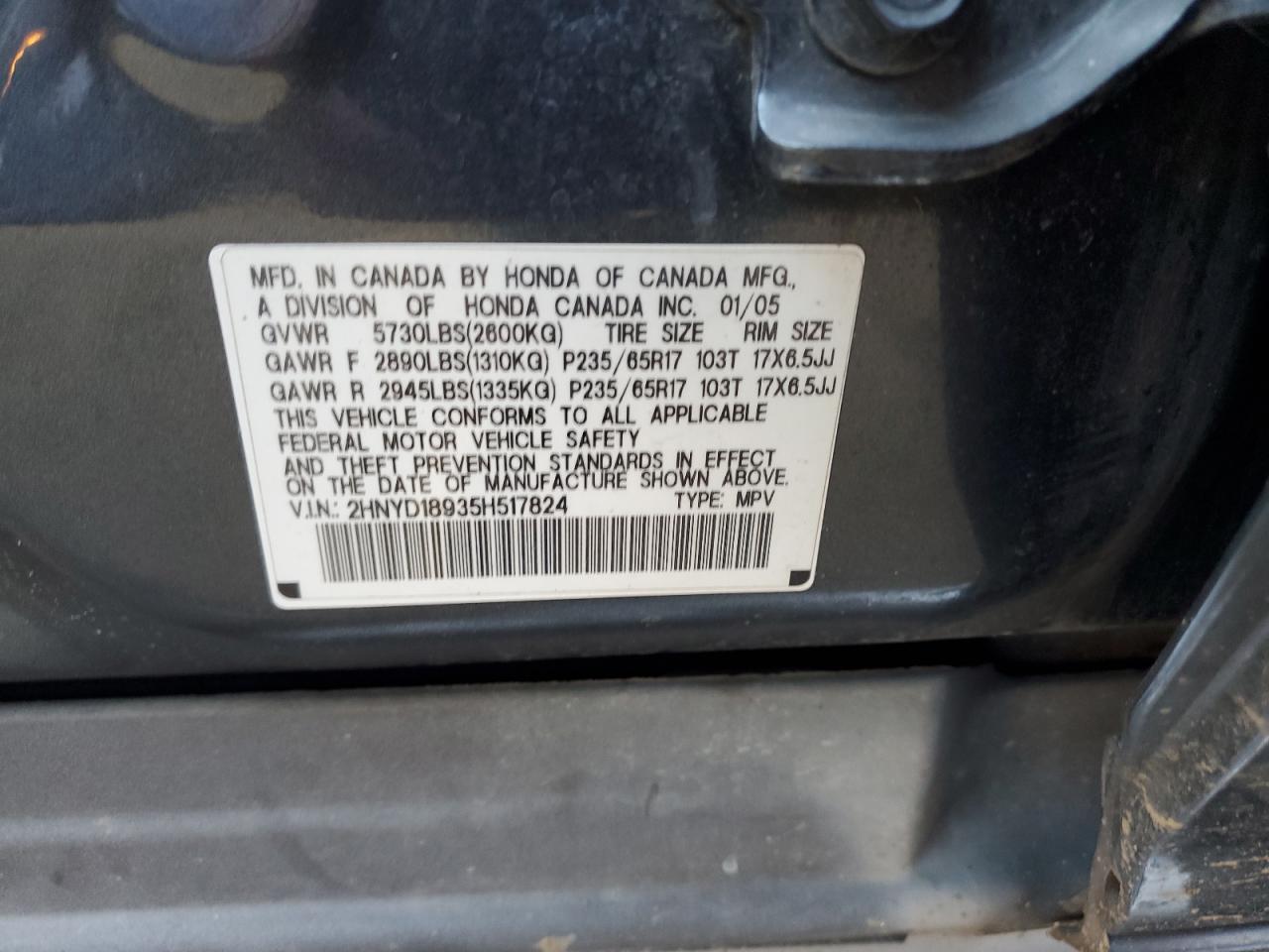 2005 Acura Mdx Touring VIN: 2HNYD18935H517824 Lot: 46349395