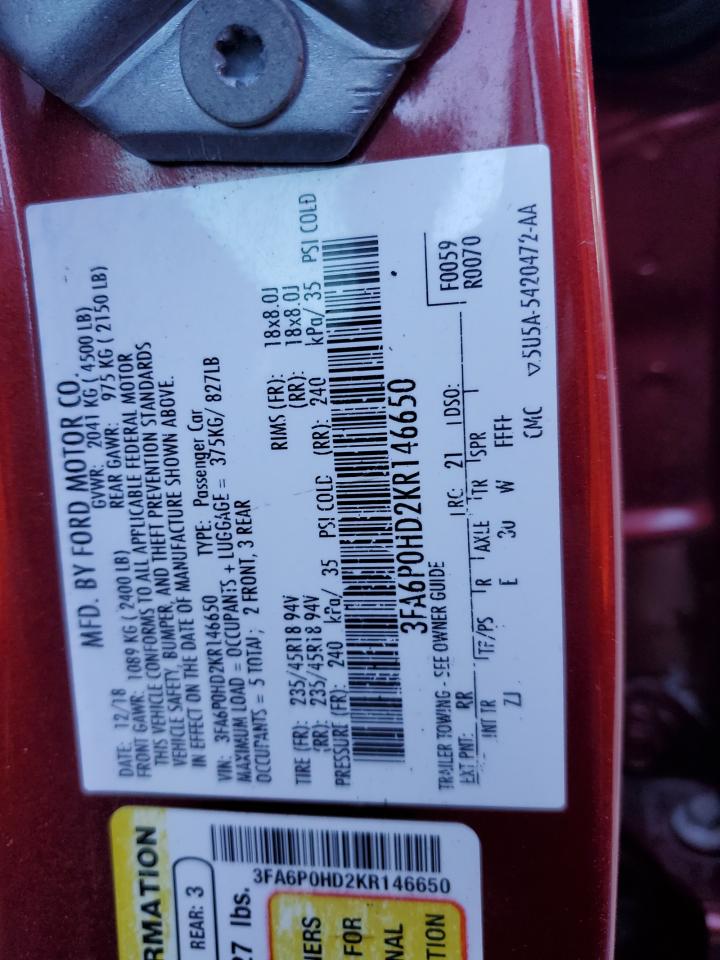 3FA6P0HD2KR146650 FORD FUSION 2019