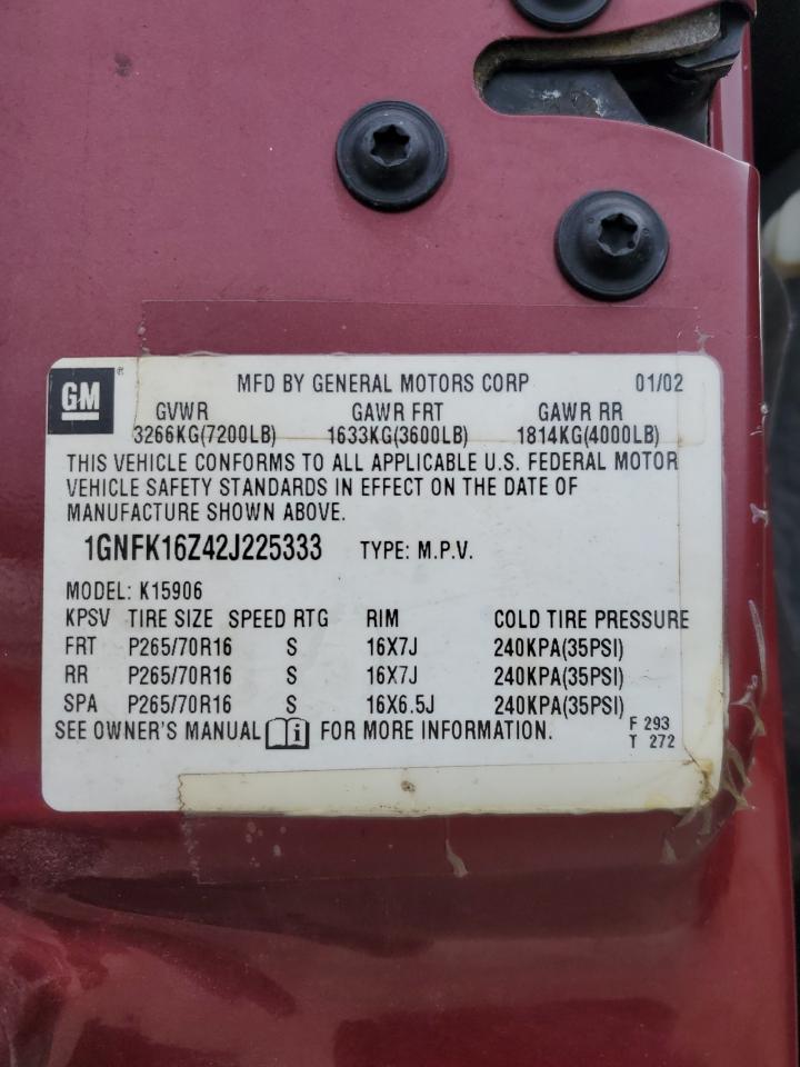 2002 Chevrolet Suburban K1500 VIN: 1GNFK16Z42J225333 Lot: 45965535