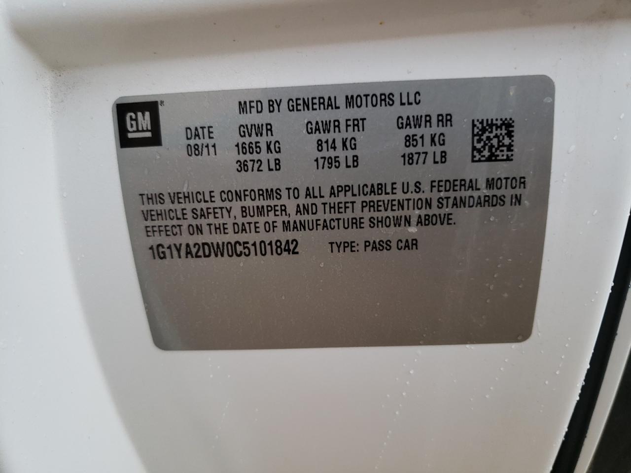 2012 Chevrolet Corvette VIN: 1G1YA2DW0C5101842 Lot: 46094805