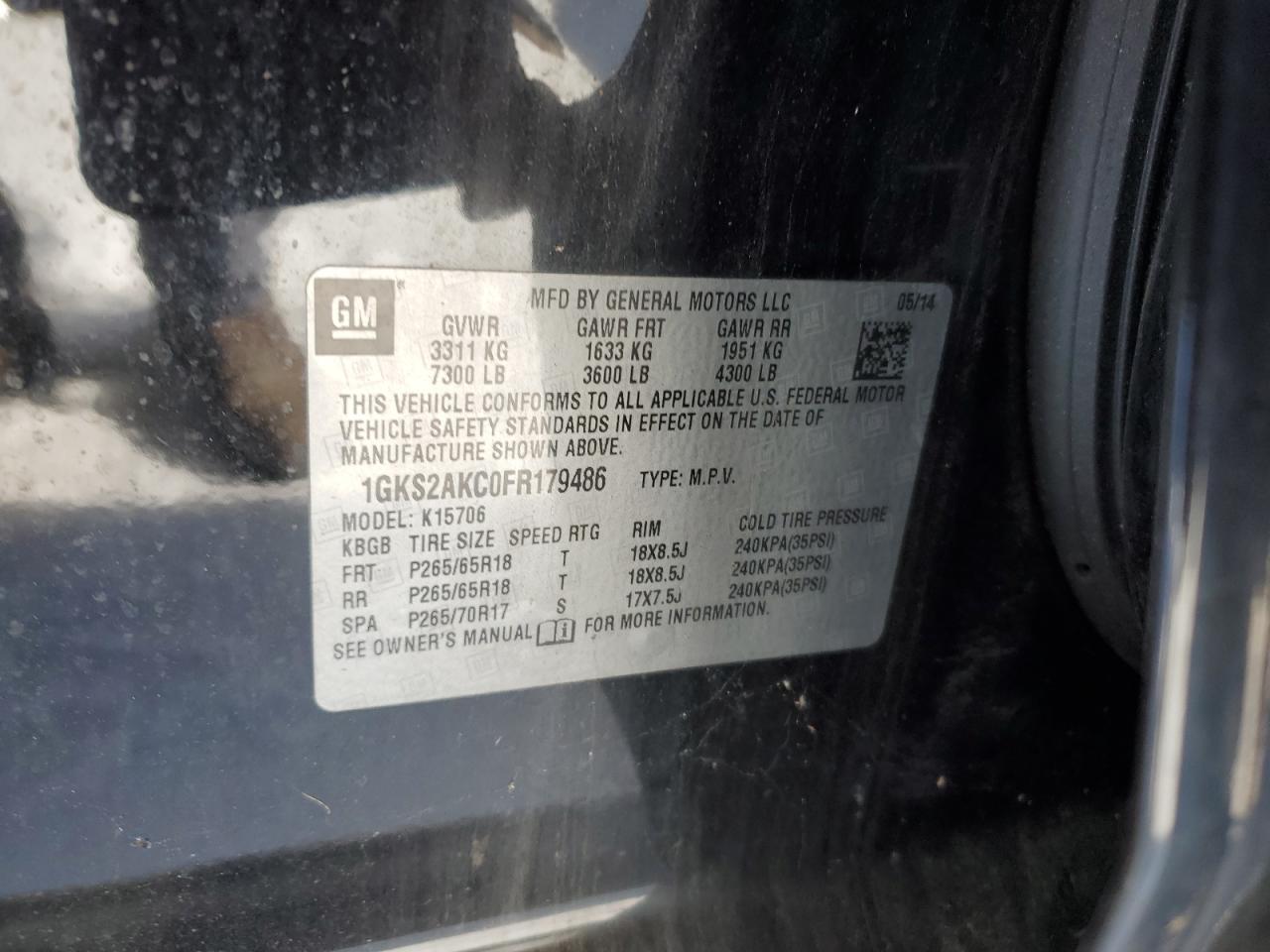 2015 GMC Yukon Sle VIN: 1GKS2AKC0FR179486 Lot: 45363935