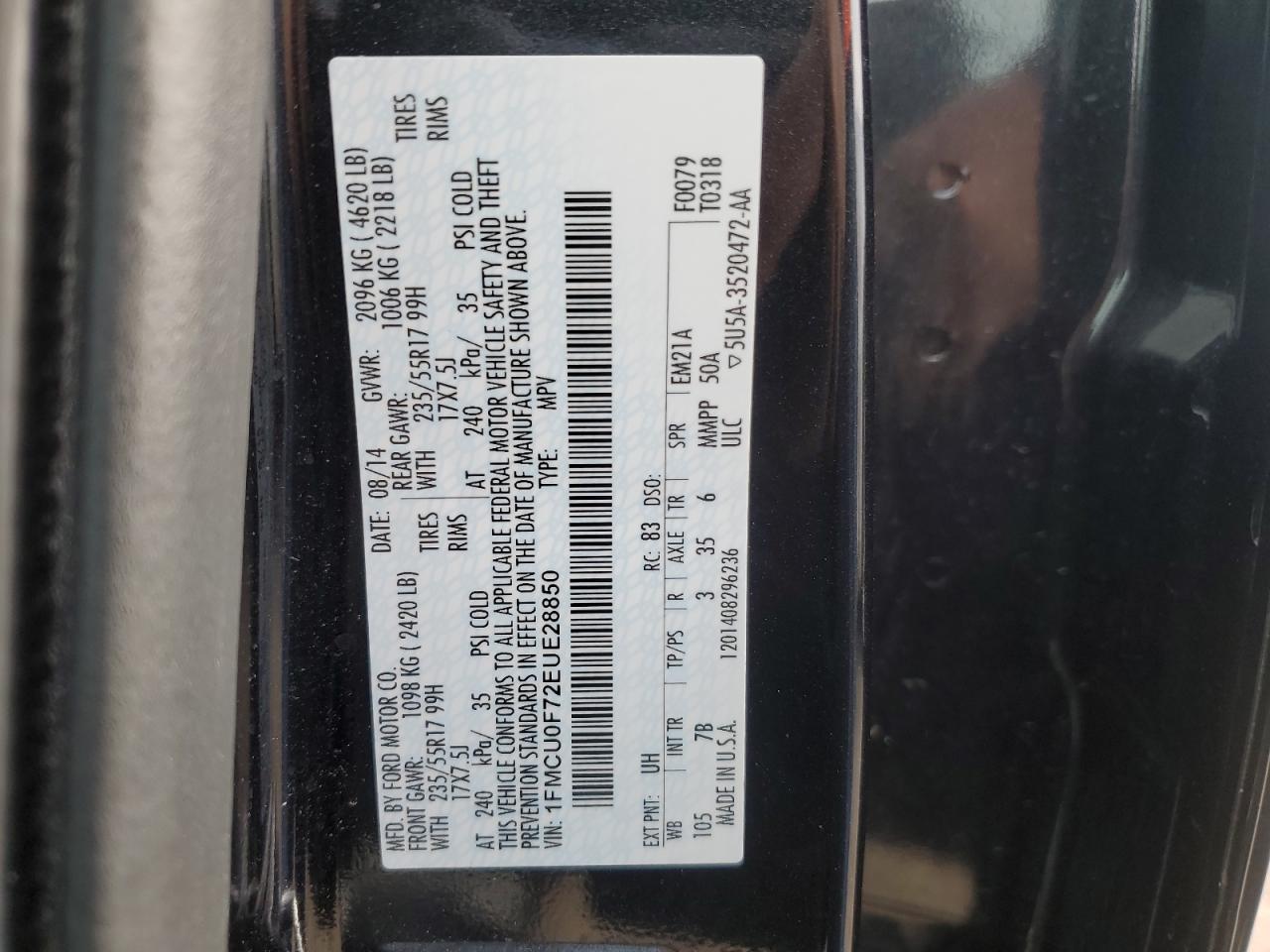 2014 Ford Escape S VIN: 1FMCU0F72EUE28850 Lot: 46095435