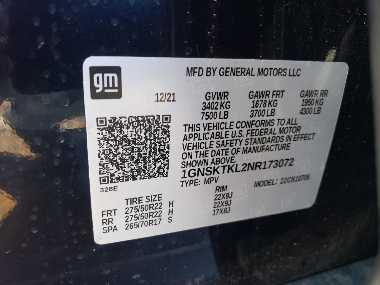 1GNSKTKL2NR173072 CHEVROLET TAHOE 2022