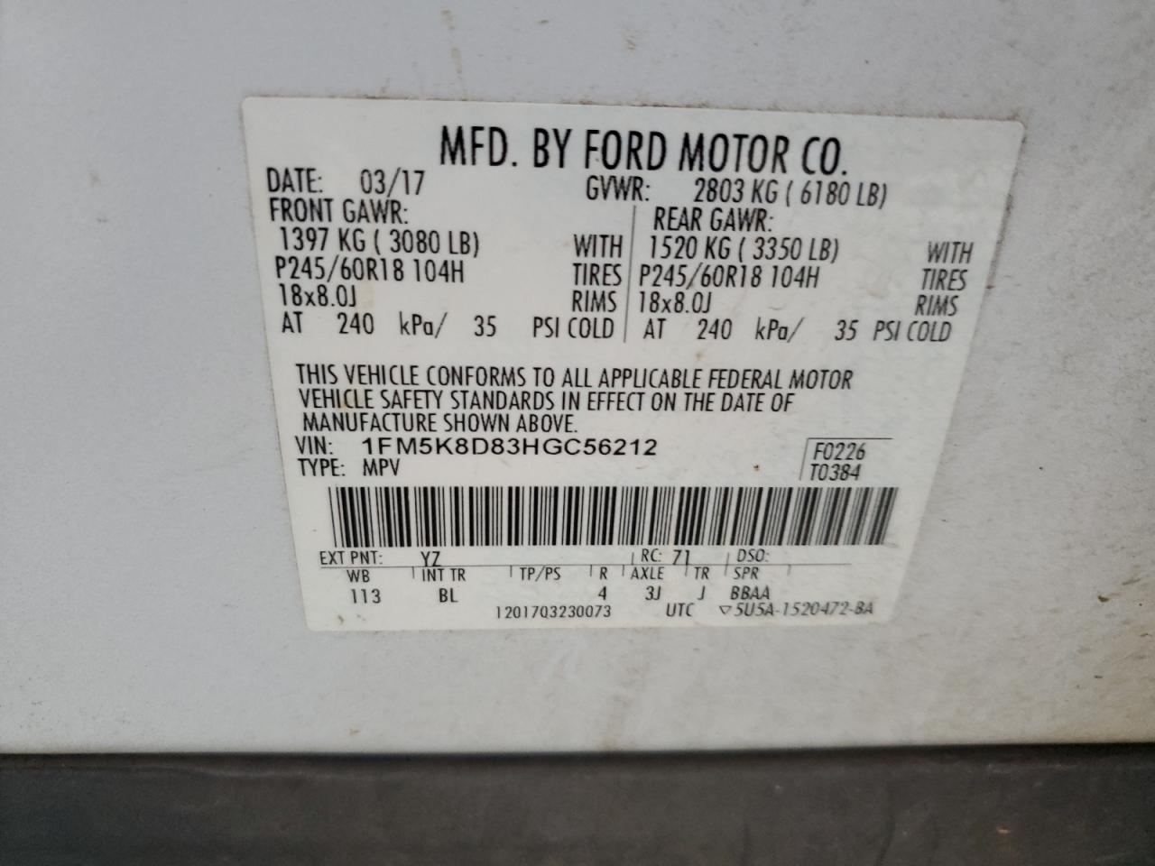 1FM5K8D83HGC56212 FORD EXPLORER 2017