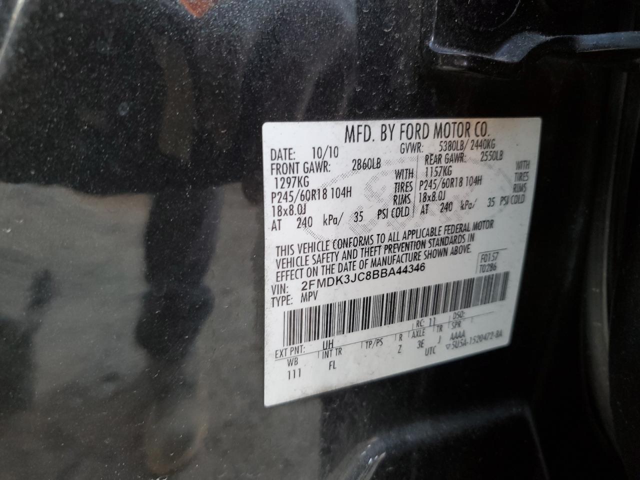 2011 Ford Edge Sel VIN: 2FMDK3JC8BBA44346 Lot: 55781805