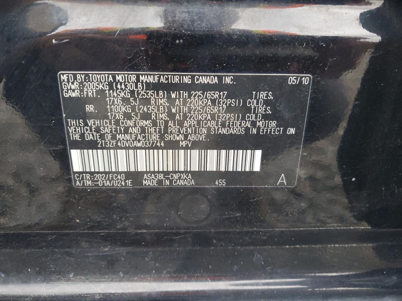 2010 Toyota Rav4 VIN: 2T3ZF4DV0AW037744 Lot: 45239745