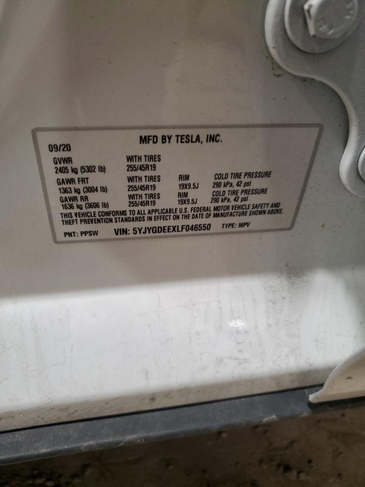 2020 Tesla Model Y VIN: 5YJYGDEEXLF046550 Lot: 44901625
