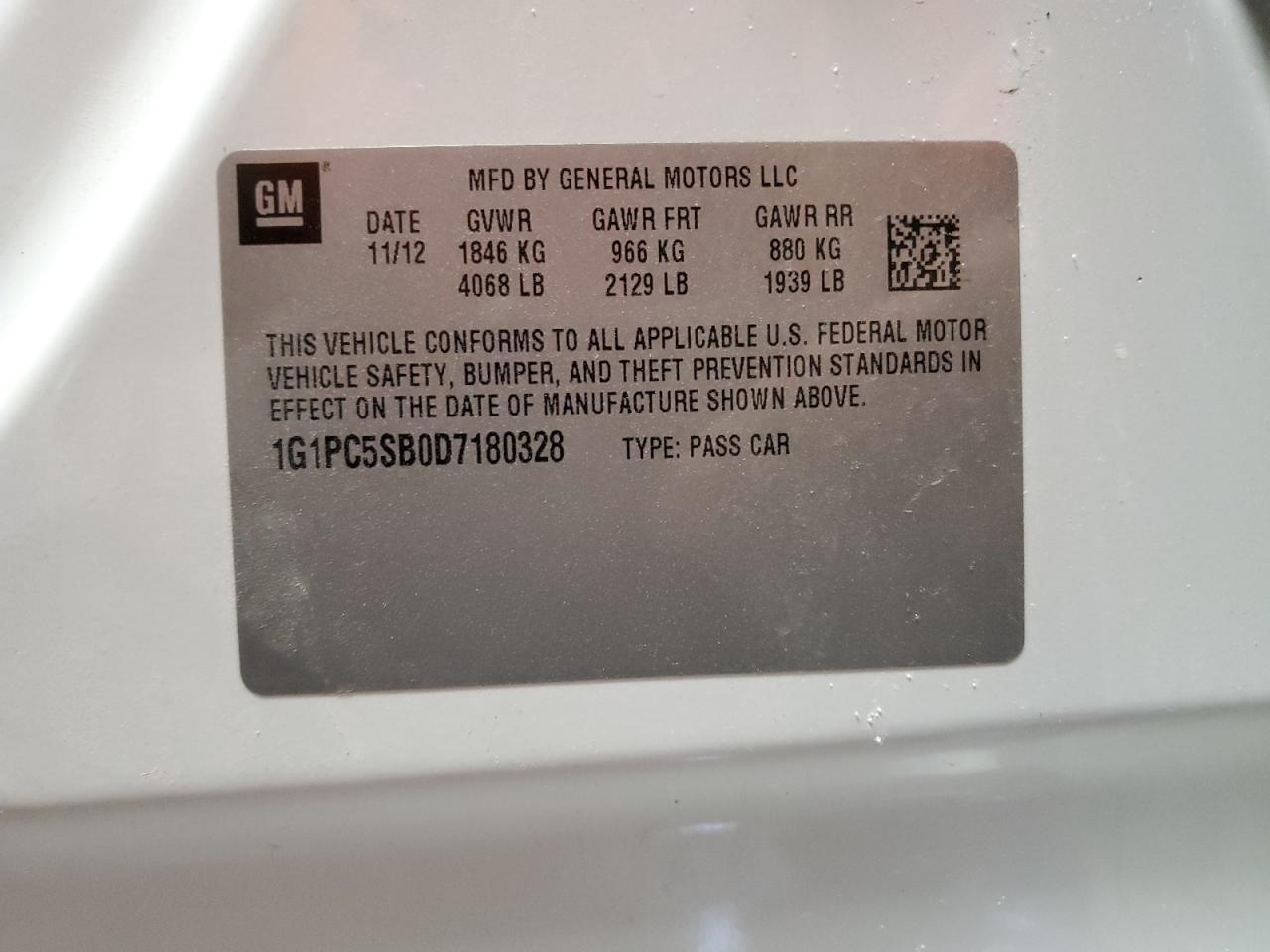 2013 Chevrolet Cruze Lt VIN: 1G1PC5SB0D7180328 Lot: 44737875
