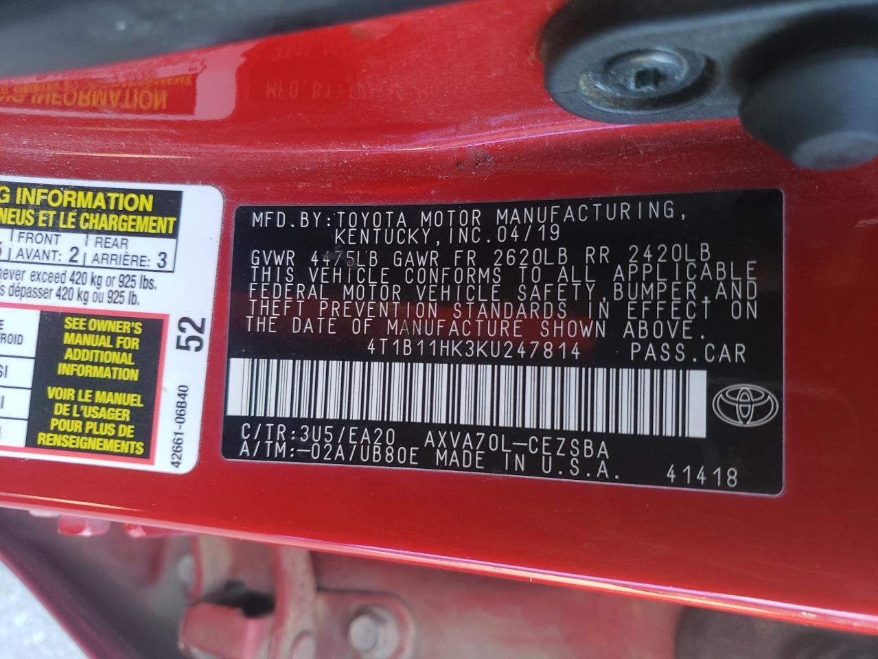 4T1B11HK3KU247814 TOYOTA CAMRY 2019