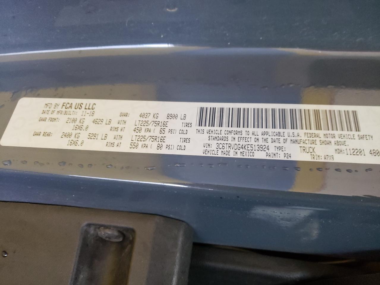 2019 Ram Promaster 2500 2500 High VIN: 3C6TRVDG4KE513924 Lot: 85751054