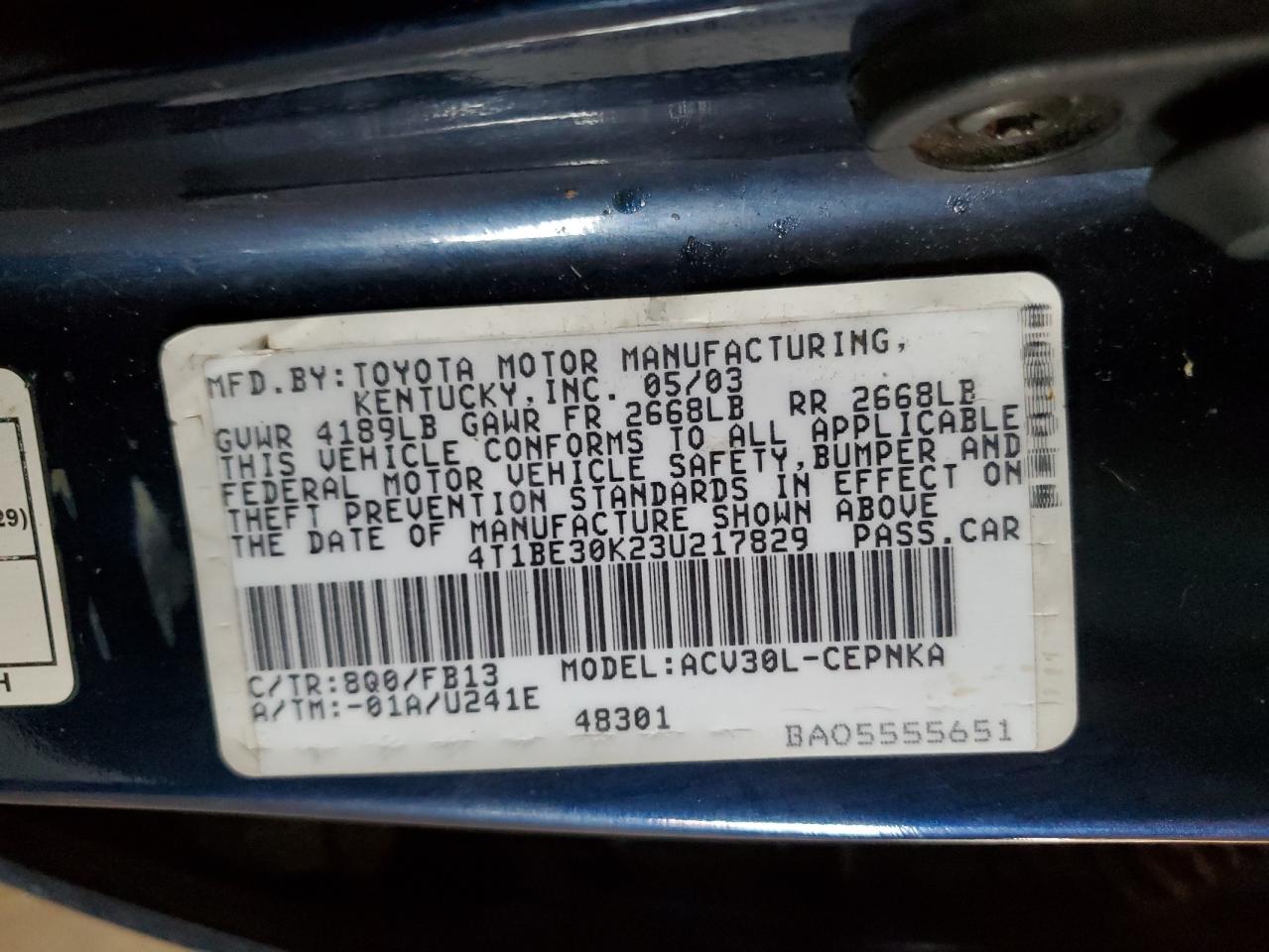2003 Toyota Camry Le VIN: 4T1BE30K23U217829 Lot: 44006505