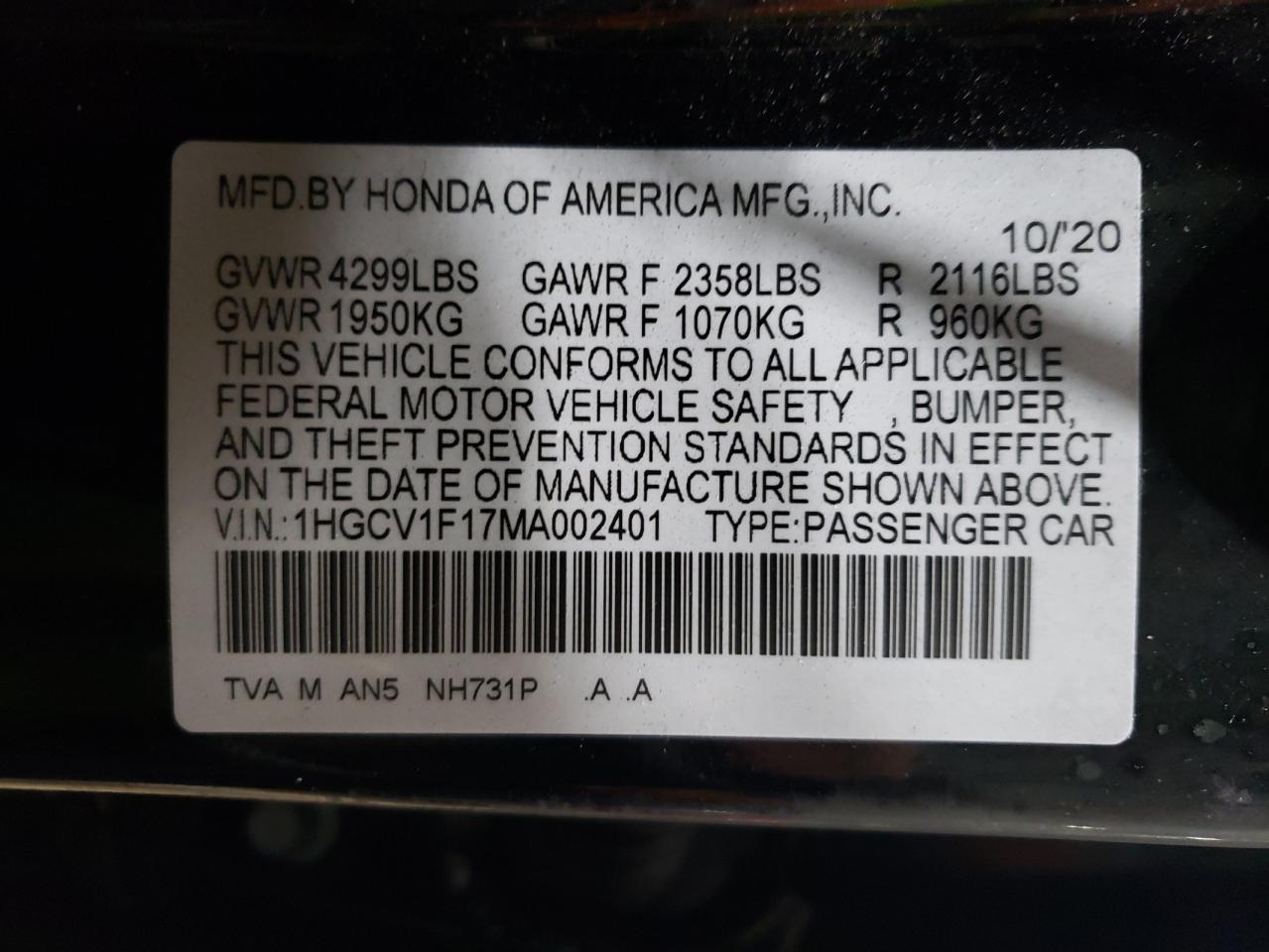 2021 Honda Accord Lx VIN: 1HGCV1F17MA002401 Lot: 45105995