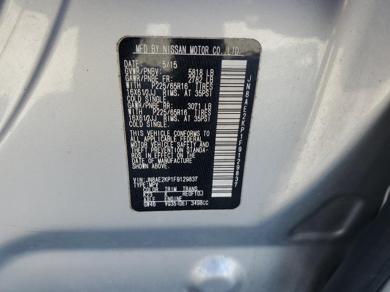 2015 Nissan Quest VIN: JNBAE2KP1F9129837 Lot: 46838205