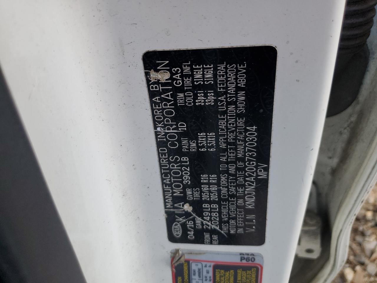 2016 Kia Soul VIN: KNDJN2A20G7370304 Lot: 44857945