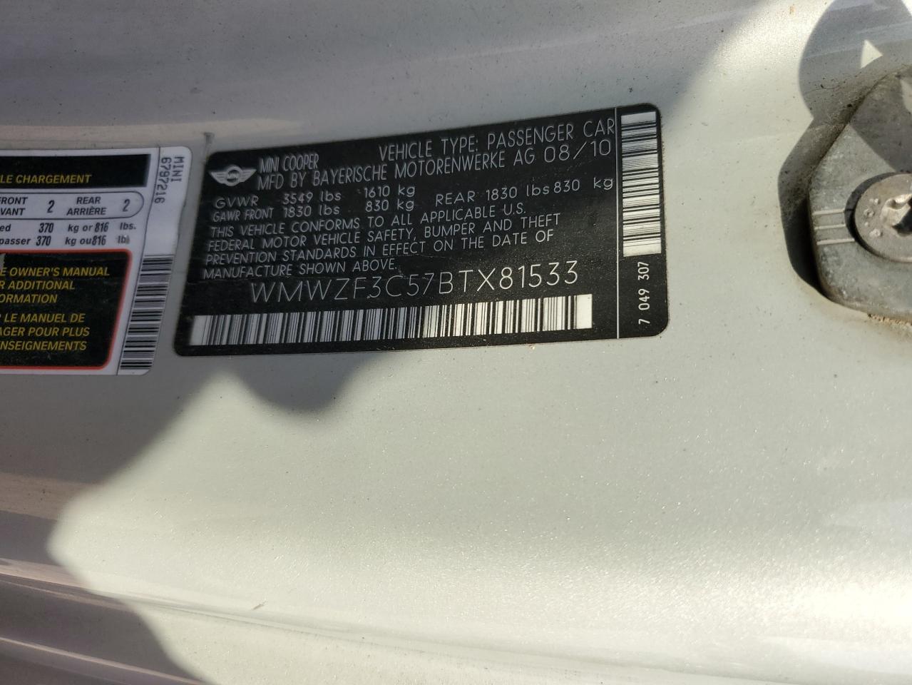 2011 Mini Cooper Clubman VIN: WMWZF3C57BTX81533 Lot: 44221795