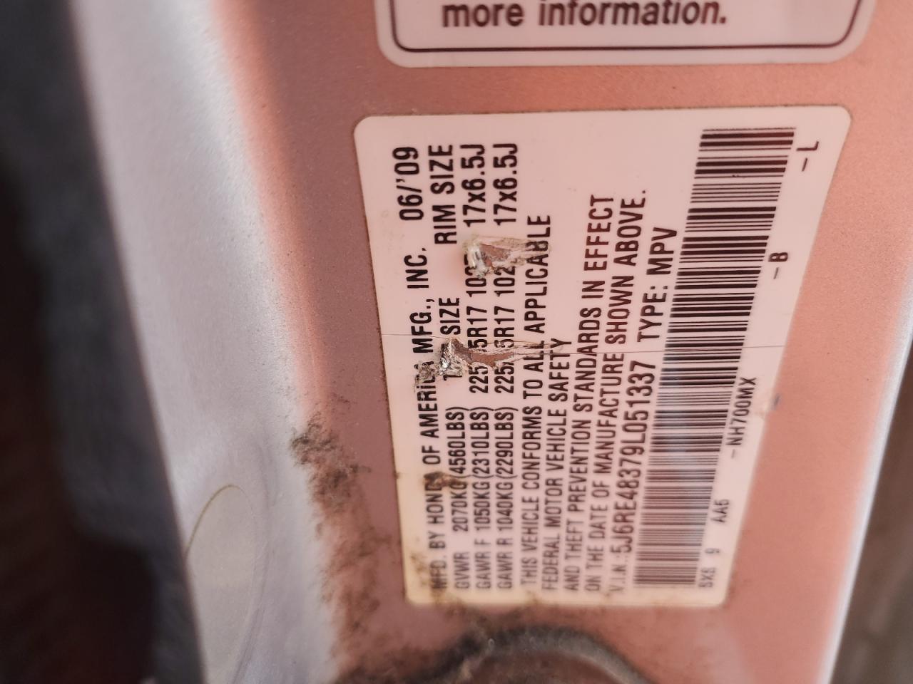 2009 Honda Cr-V Lx VIN: 5J6RE48379L051337 Lot: 45401145