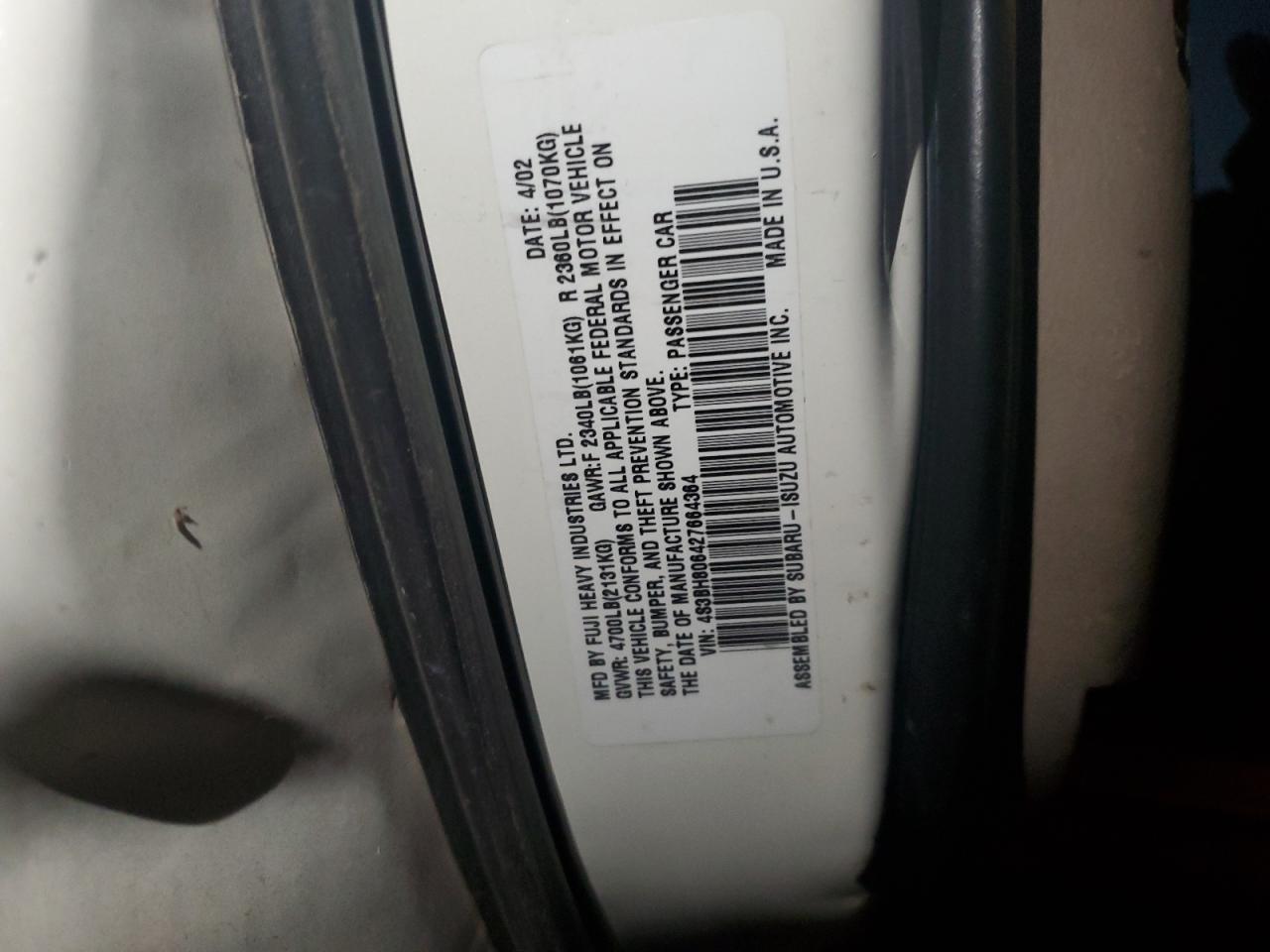 2002 Subaru Legacy Outback H6 3.0 Ll Bean VIN: 4S3BH806427664364 Lot: 44192445