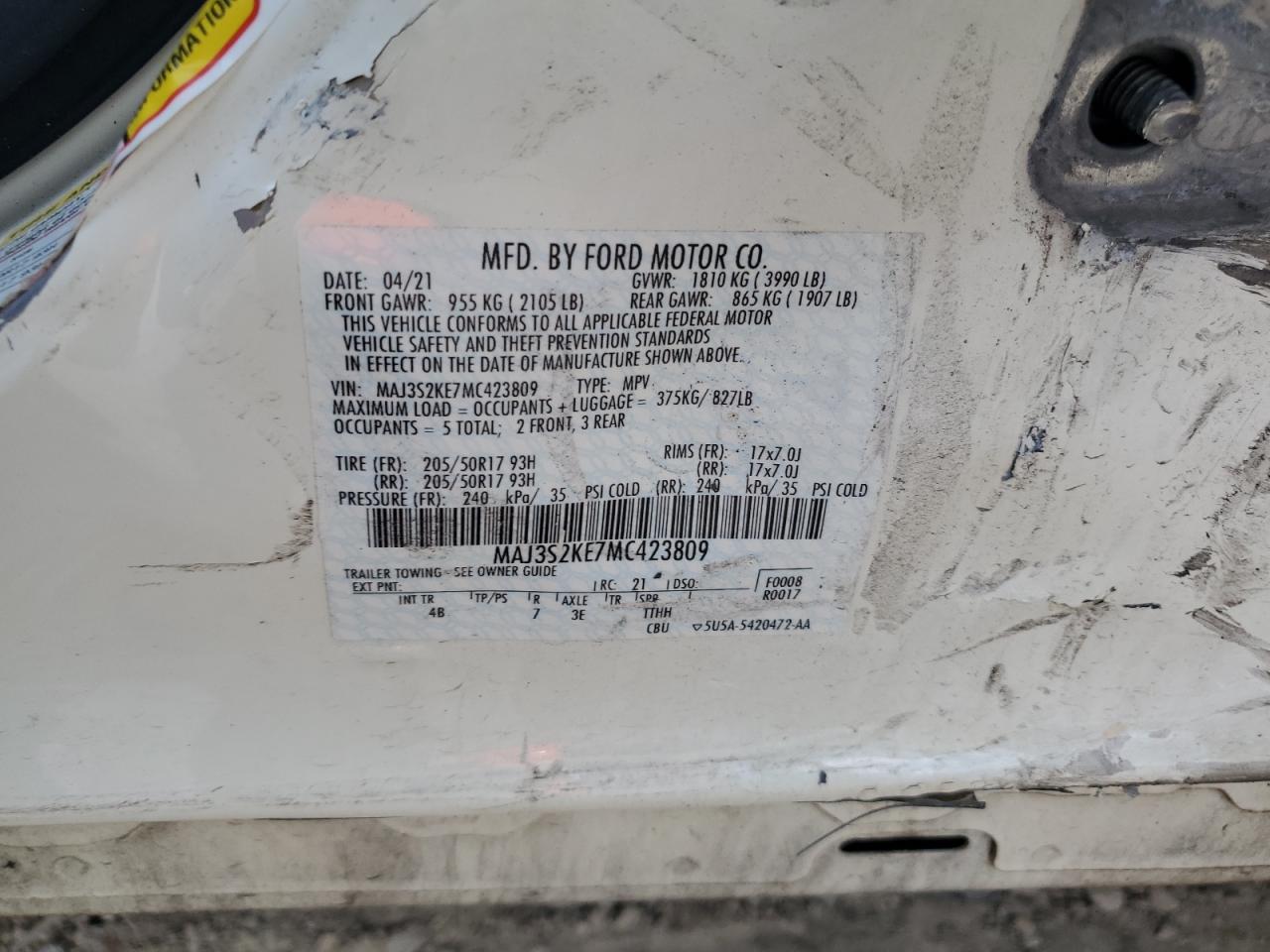 MAJ3S2KE7MC423809 FORD ECOSPORT 2021