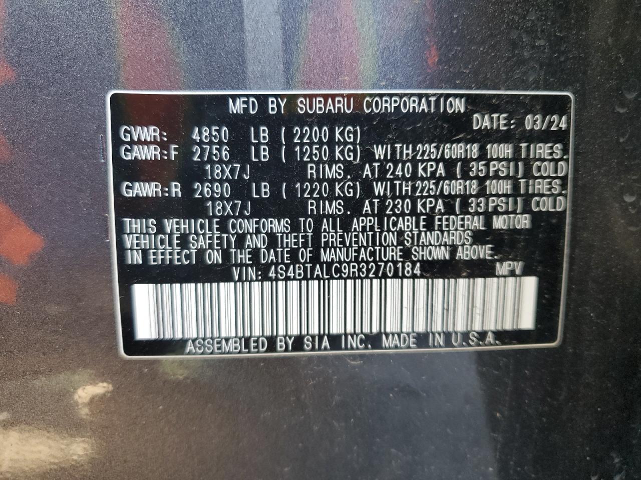 2024 Subaru Outback Onyx Edition VIN: 4S4BTALC9R3270184 Lot: 46277175