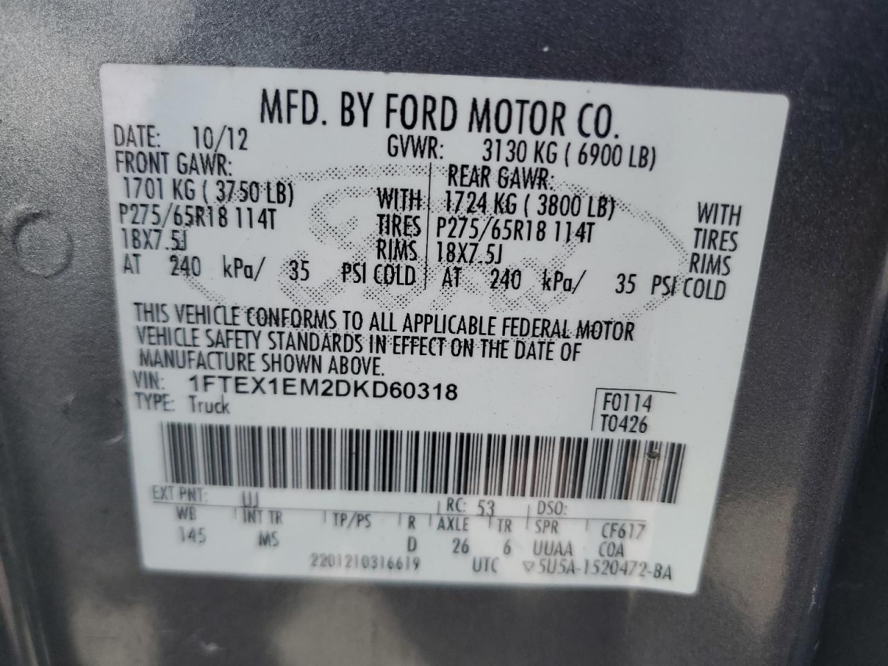 2013 Ford F150 Super Cab VIN: 1FTEX1EM2DKD60318 Lot: 54521635