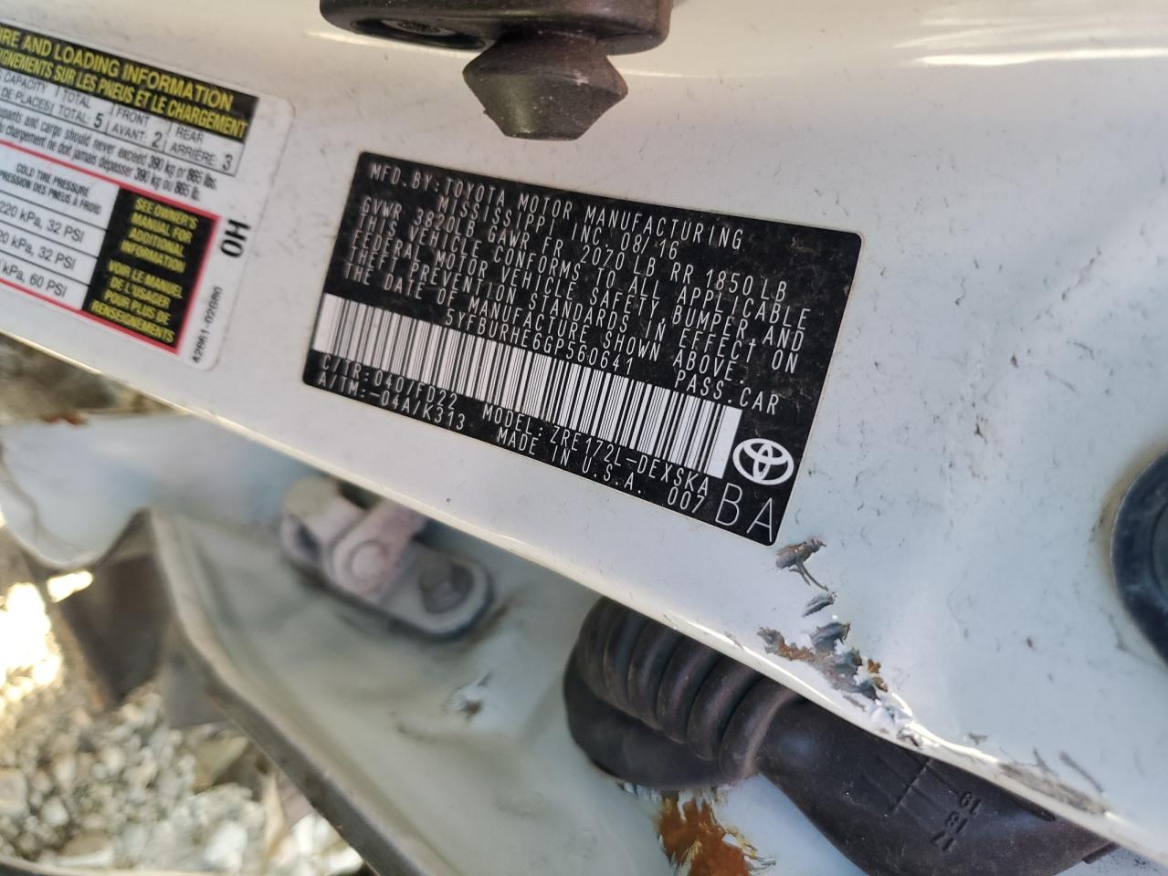 2016 Toyota Corolla L VIN: 5YFBURHE6GP560641 Lot: 44006515