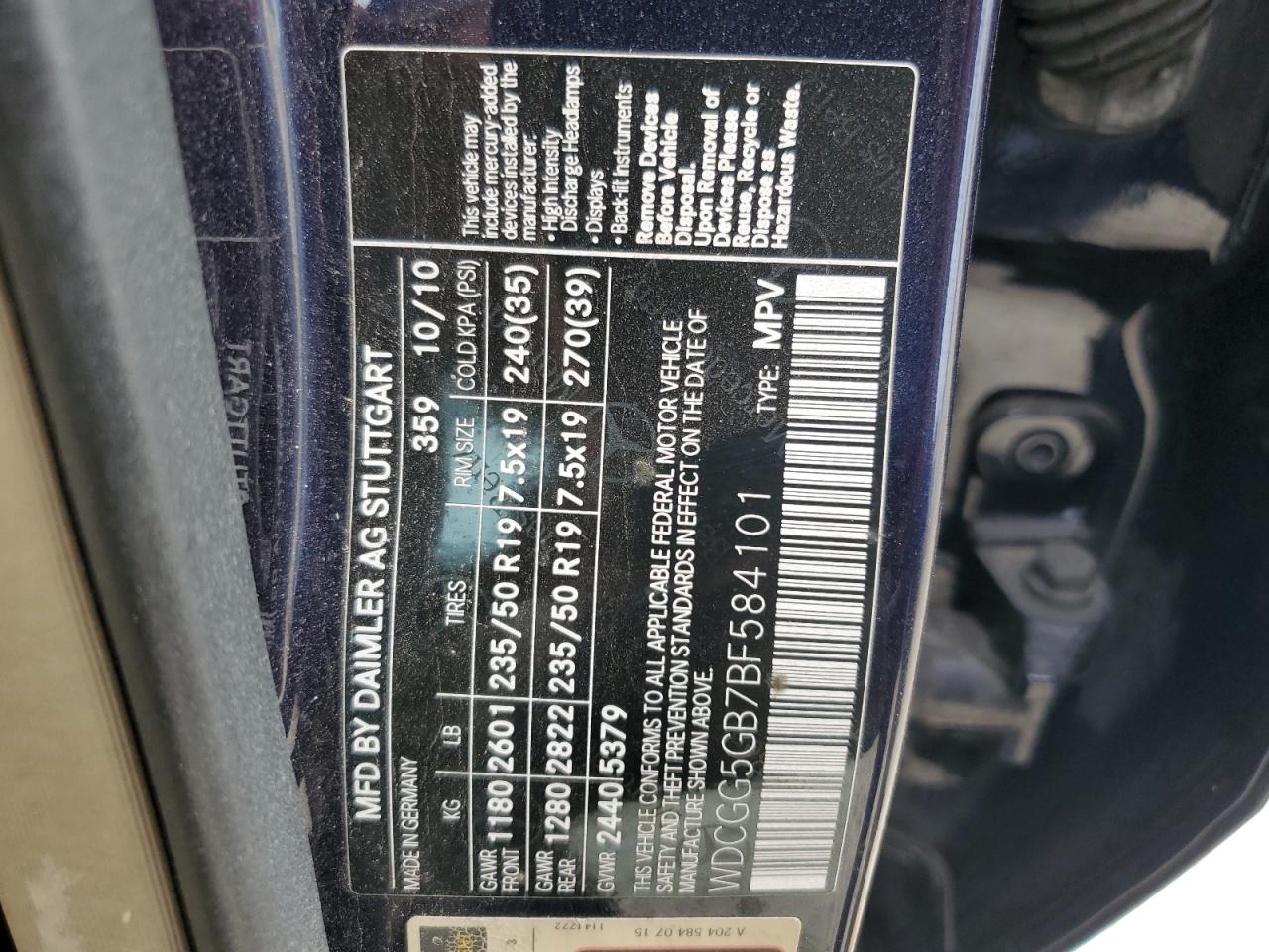 2011 Mercedes-Benz Glk 350 VIN: WDCGG5GB7BF584101 Lot: 43373615