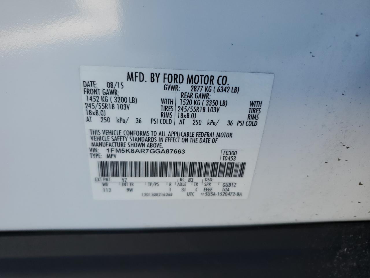 2016 Ford Explorer Police Interceptor VIN: 1FM5K8AR7GGA87663 Lot: 44367065