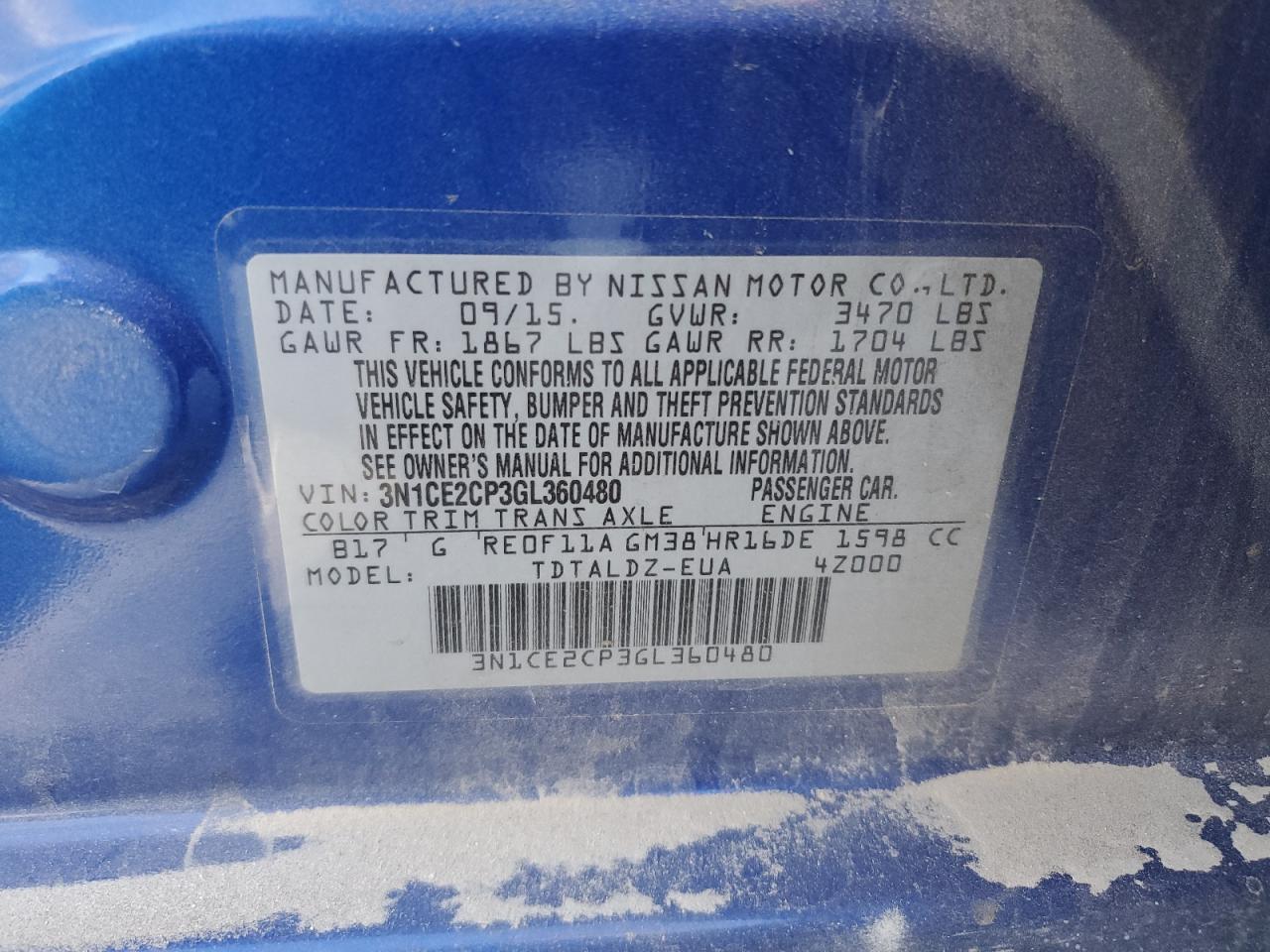 3N1CE2CP3GL360480 NISSAN VERSA 2016