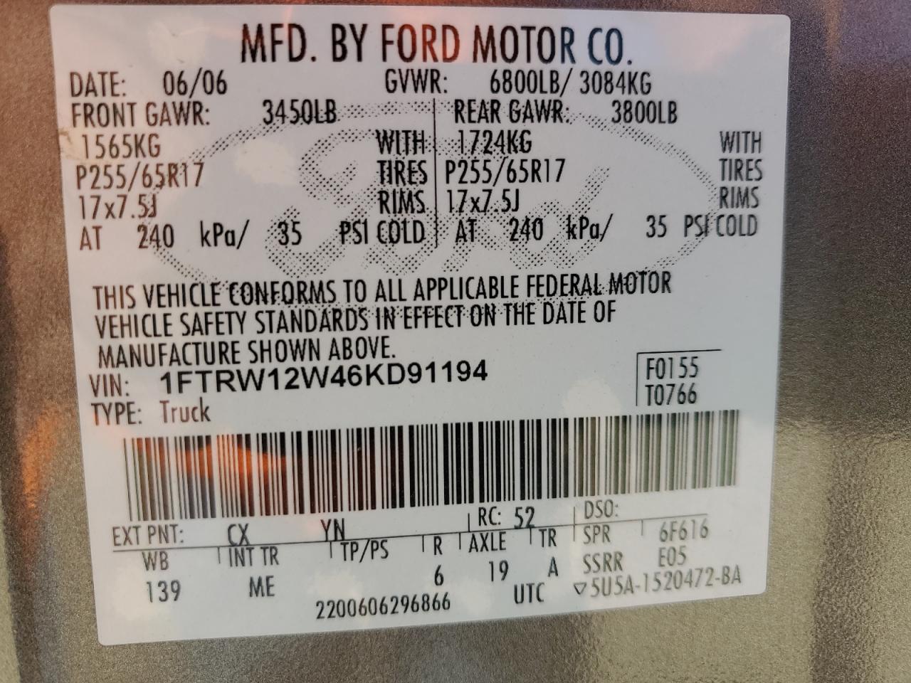 2006 Ford F150 Supercrew VIN: 1FTRW12W46KD91194 Lot: 46920225