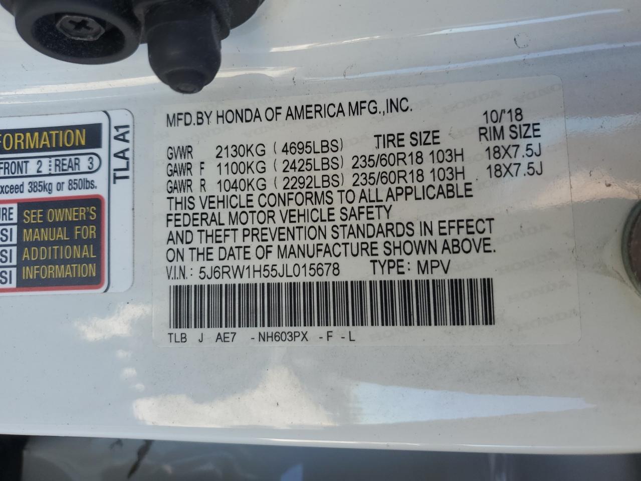 2018 Honda Cr-V Ex VIN: 5J6RW1H55JL015678 Lot: 45733685