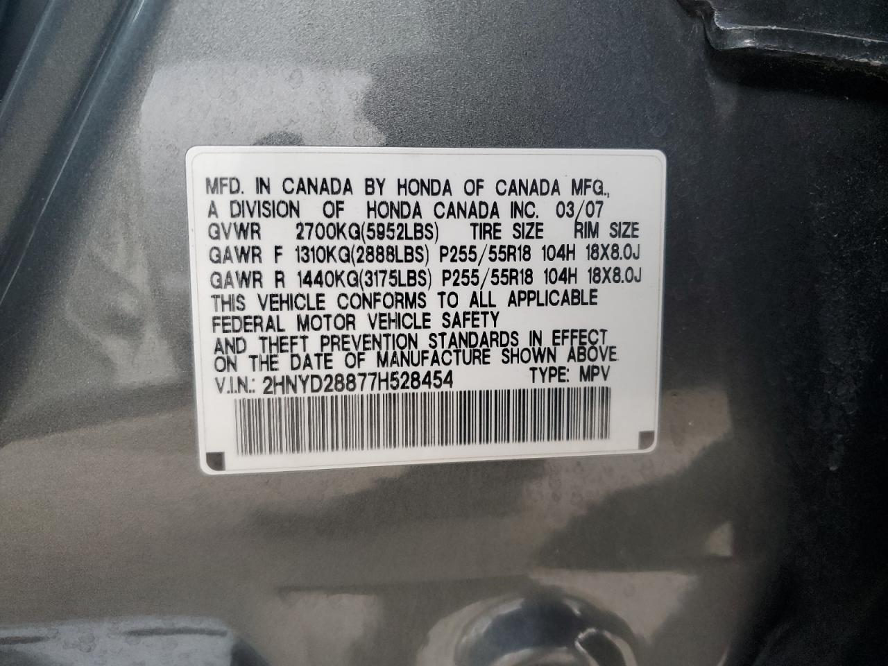 2007 Acura Mdx Sport VIN: 2HNYD28877H528454 Lot: 46060005